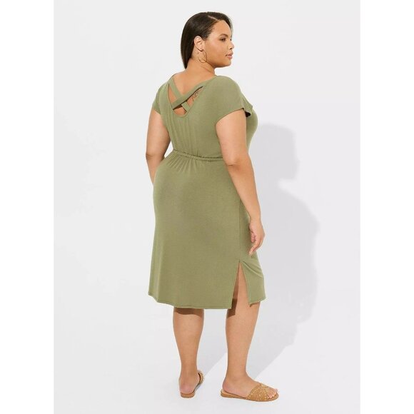 NWT Torrid Midi Jersey Cross Back Slit Dress Sz 2X Olive Green - Picture 2 of 11